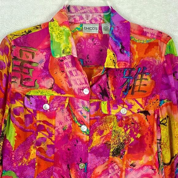 Chicos Silk Shirt Womens 0 (S) Pink Sheer Multicolor Abstract Maximalist Art AOP - Picture 2 of 8